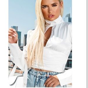 PLT white satin keyhole crop top